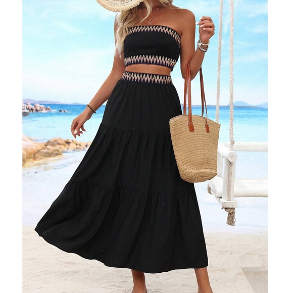 Boho Black Chevron Tube Top Maxi Skirt Set - Picture 3 of 4